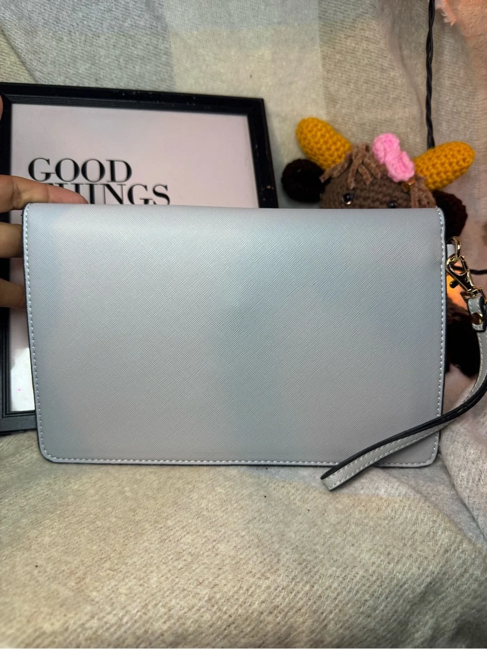Elegant Light Gray Wristlet Clutch - Minimal Saffiano Style